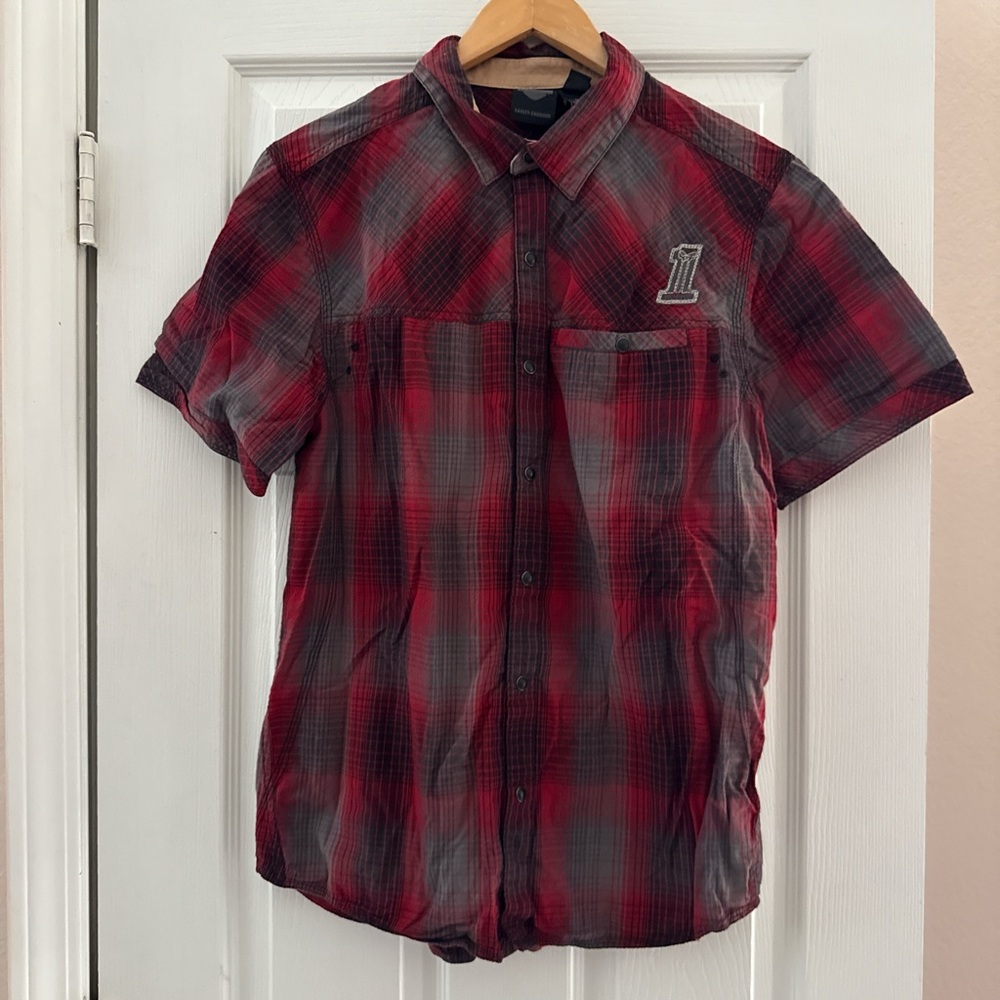 Harley-Davidson Men’s Black Label Heathered Plaid Short Sleeve Button Down Shirt